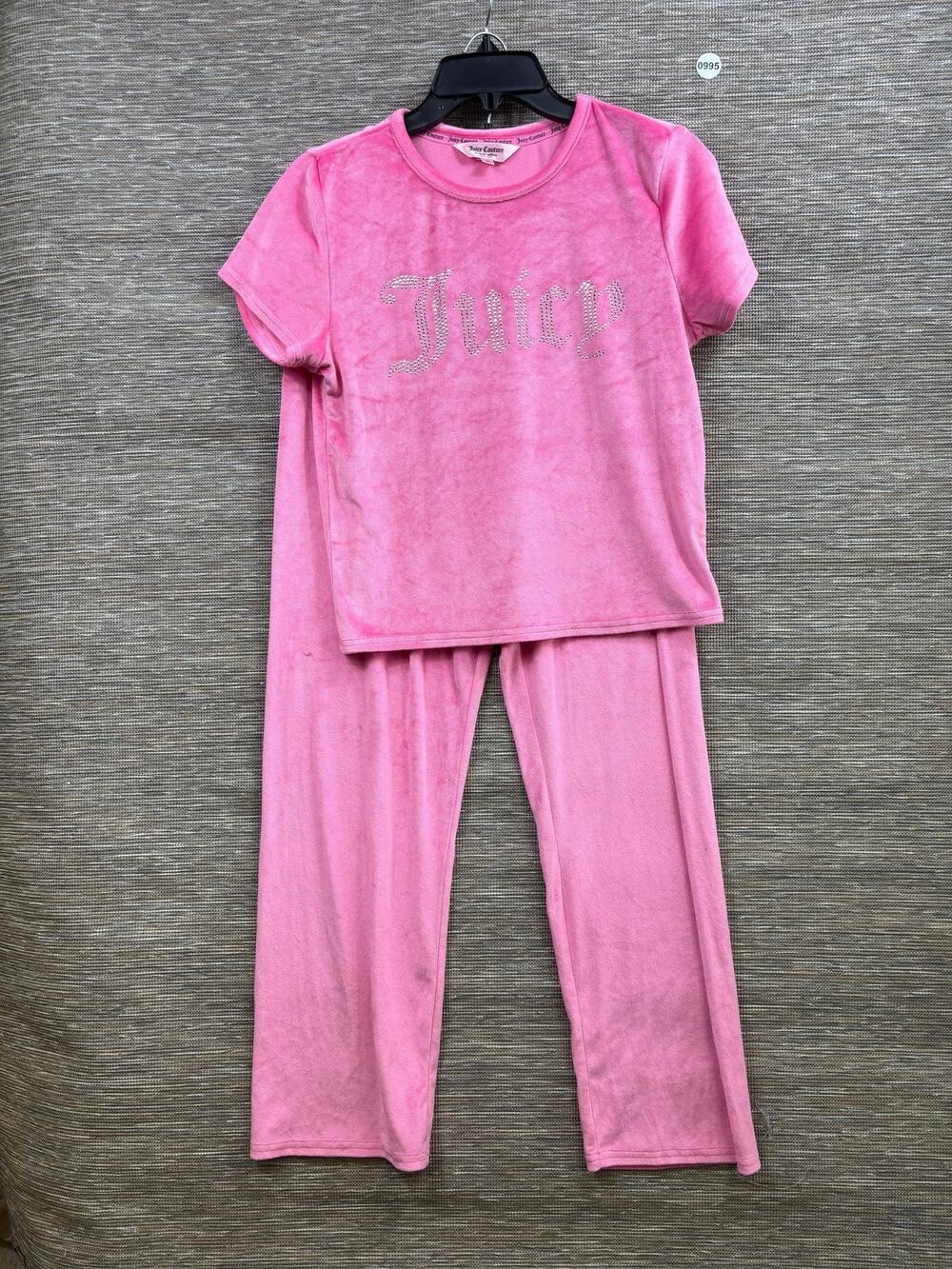 Juicy Couture Pajama Set Womens L Pink Velour Short Sleeve Juicy Rhinestone